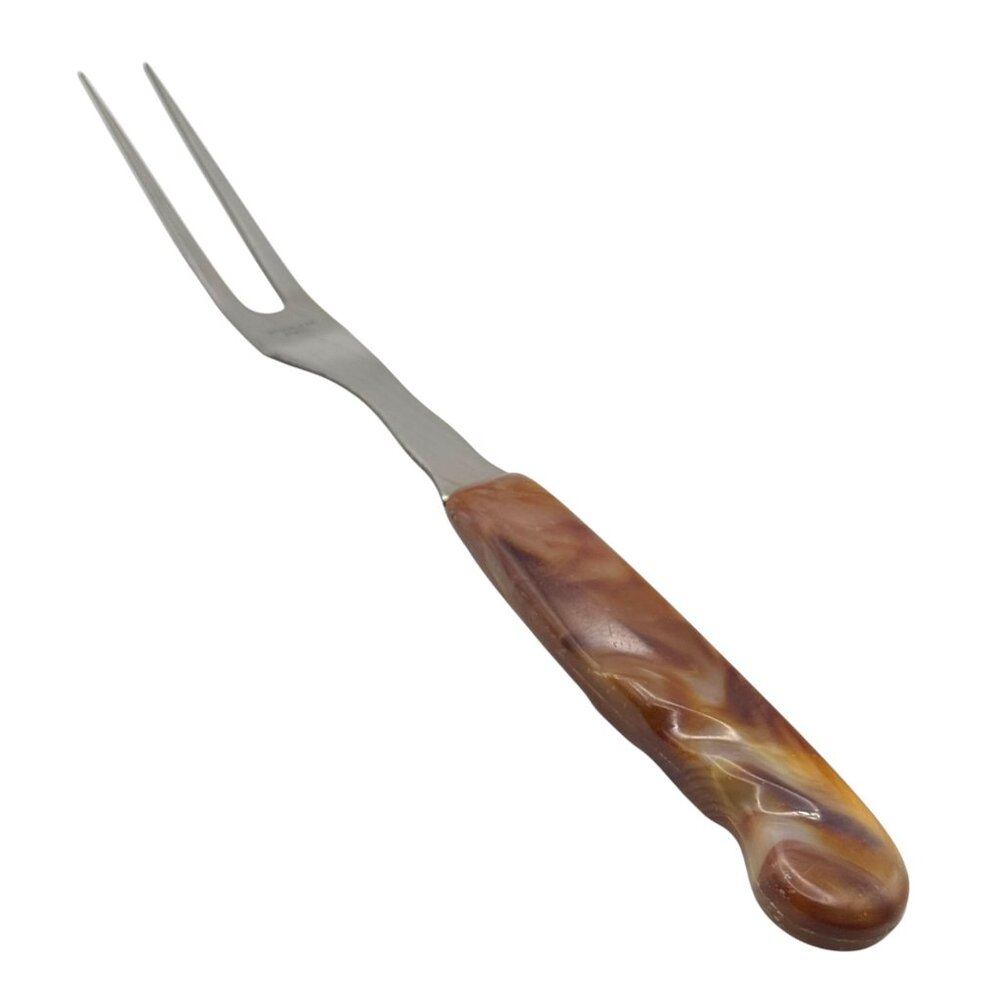 Vintage Stainless Steel Carving Fork Brown Marbled Swirl Handle MCM Meat Serving